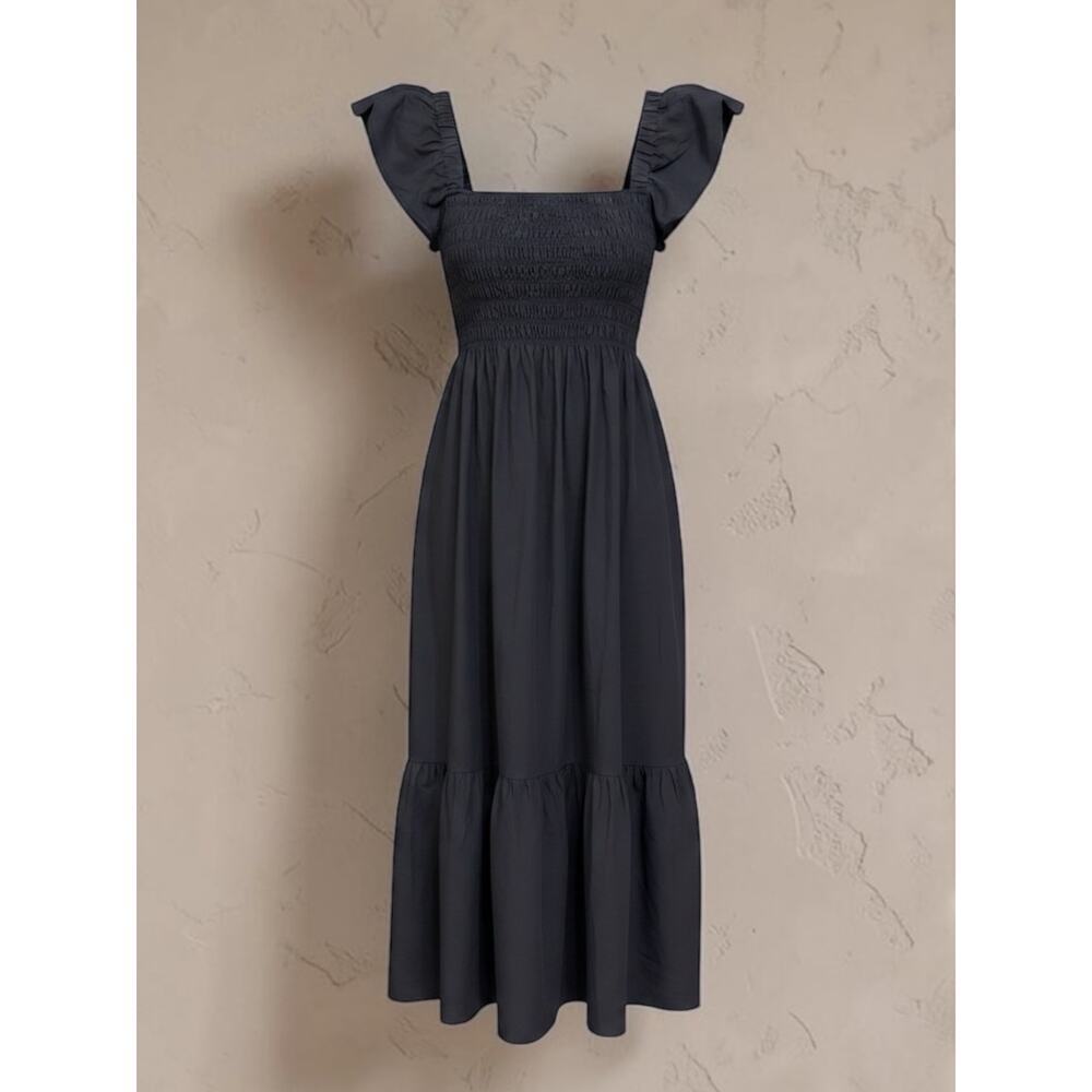 Aqua Black Smocked Flutter Sleeve Midi Dress Size M
